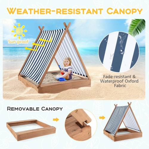 Bac à sable en bois avec tente à auvent de Costway cadre en bois de sapin 2 sièges Bas