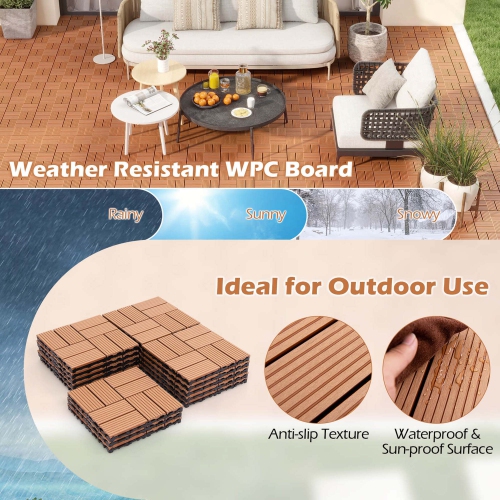 Costway 36 PCS Interlocking Deck Tiles 12" x 12" Waterproof All Weather Flooring Covering Brown