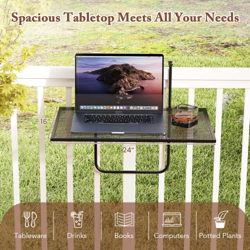 Costway Balcony Railing Table with Adjustable Hooks Hanging Folding Deck Table Plant Stand