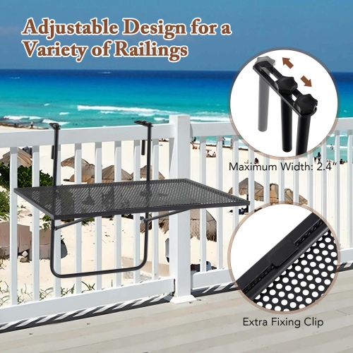 Costway Balcony Railing Table with Adjustable Hooks Hanging Folding Deck Table Plant Stand