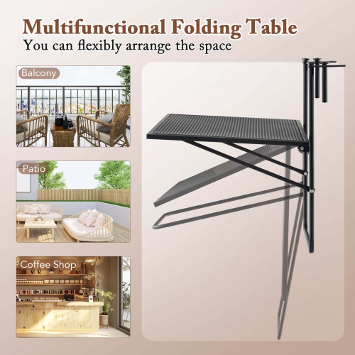 Costway Balcony Railing Table with Adjustable Hooks Hanging Folding Deck Table Plant Stand