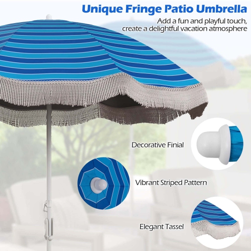 Goplus 6.5 FT Outdoor Fringe Patio Umbrella with Carrying Bag Push Button Tilt for Garden