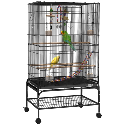 PawHut 43" Bird Cage for Budgies Cockatiels Canaries Lovebirds Finches with Rolling Stand, Toys, Removable Tray, Storage Shelf, Black