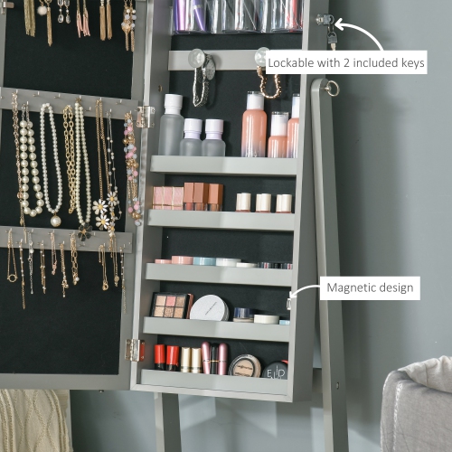 HOMCOM Lockable Mirror Jewelry Cabinet Armoire with LED Light, Angle Adjustable Jewelry Organizer with Full-Length Mirror for Dressing Room, Grey
