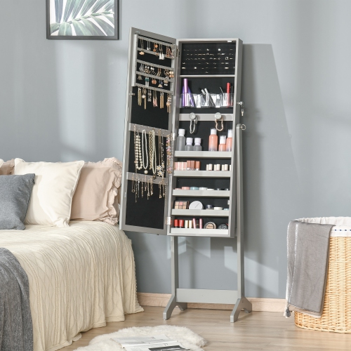 HOMCOM Lockable Mirror Jewelry Cabinet Armoire with LED Light, Angle Adjustable Jewelry Organizer with Full-Length Mirror for Dressing Room, Grey