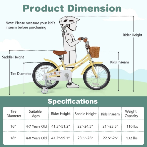 Costway 18" Kids Bike with Height Adjustable Handlebar Seat Basket Bell Training Wheels