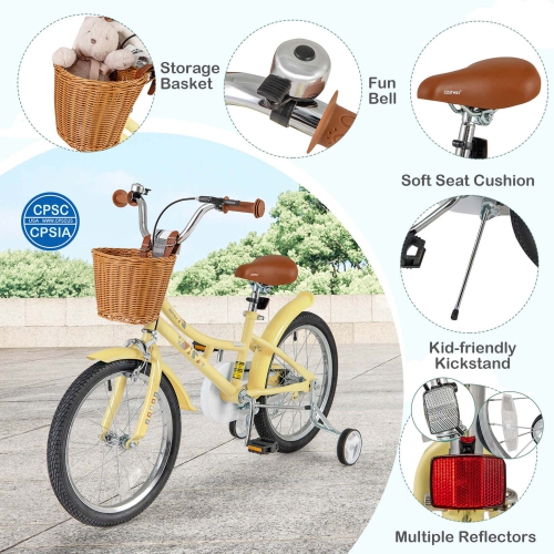 Costway 18" Kids Bike with Height Adjustable Handlebar Seat Basket Bell Training Wheels