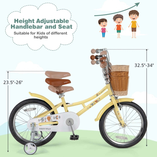 Costway 18" Kids Bike with Height Adjustable Handlebar Seat Basket Bell Training Wheels