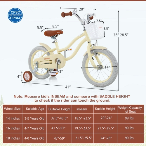 Costway 14" Kid's Bike with Removable Training Wheels & Basket for 3-5 Years Old