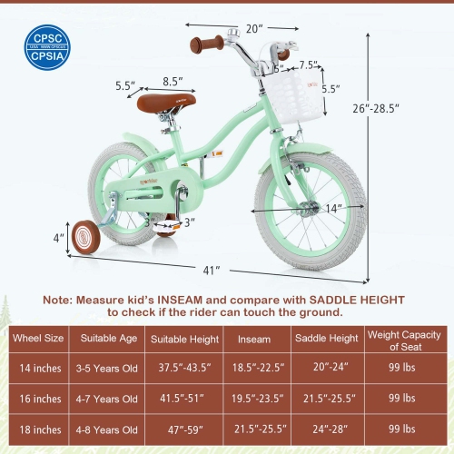 Costway 14" Kid's Bike with Removable Training Wheels & Basket for 3-5 Years Old