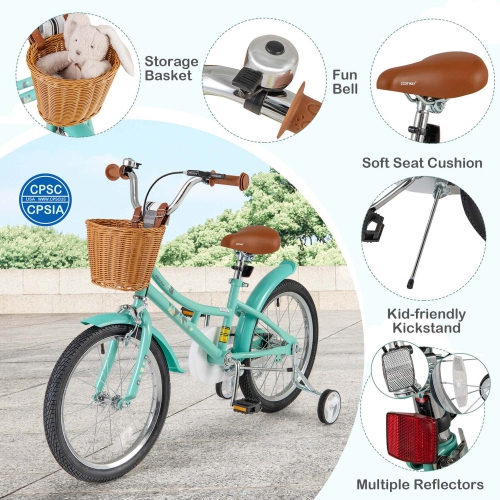 Vélo pour enfants de 18 po de Costway avec guidon à hauteur réglable et roues d'entraînement en forme de cloche