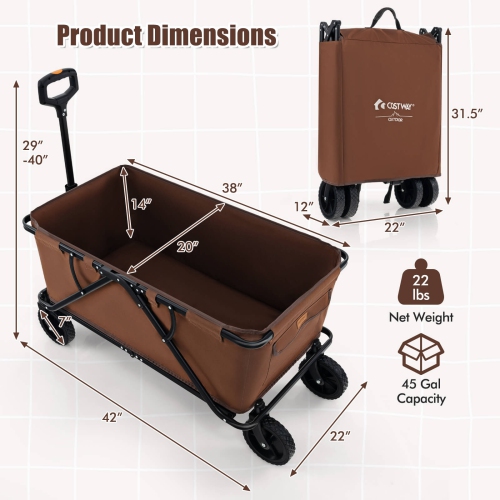 Costway Heavy-Duty Wagon Cart with Adjustable Handlebar Bottle Holders & Storage Pocket