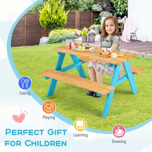 Costway Kids Picnic Table Set Children Outdoor Wooden Table with Bench Seats Backyard