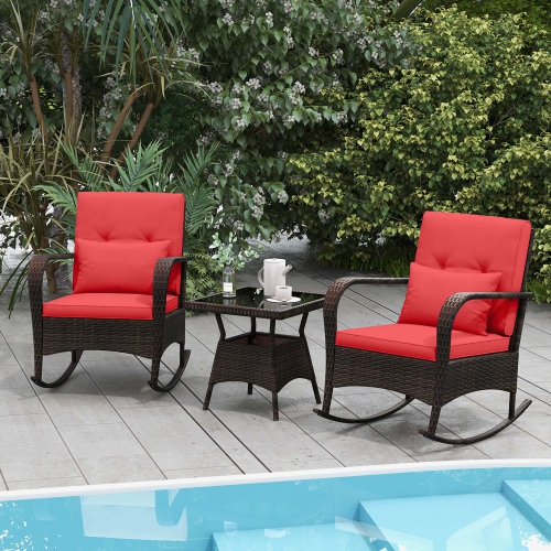 Image 1 of 10.. Costway 3 PCS Rocking Bistro Set with Removable Cushions & Tempered Glass Top Coffee Table