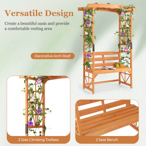 Costway Patio Garden Arbor with Pergola Bench 2 Trellises for Climbing Plants Vines Grapes