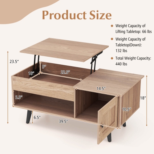 Table basse à dessus relevable de Costway avec compartiment de rangement dissimulé et tablette ouverte
