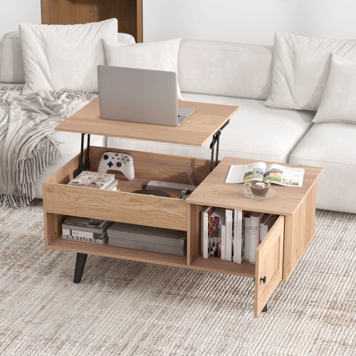 Table basse à dessus relevable de Costway avec compartiment de rangement dissimulé et tablette ouverte