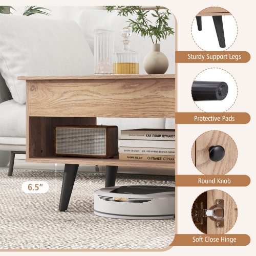Table basse à dessus relevable de Costway avec compartiment de rangement dissimulé et tablette ouverte