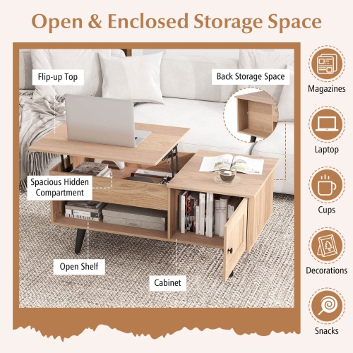 Table basse à dessus relevable de Costway avec compartiment de rangement dissimulé et tablette ouverte