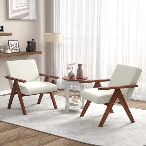 Fauteuil d'appoint moderne en lin avec cadre en bois d'acacia massif 2 PCS de Costway