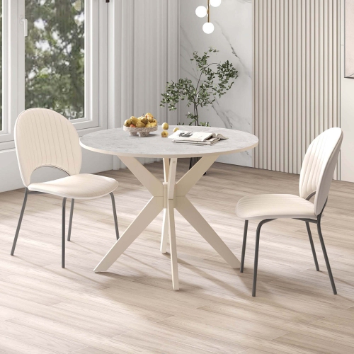 Costway Round Dining Table 36" Faux Marble Tabletop Rubber Wood Legs Kitchen