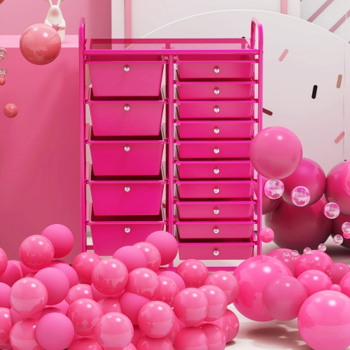 Costway 15-Drawer Rolling Storage Cart Mobile Cart with Colorful Drawers & Metal Frame Hot Pink