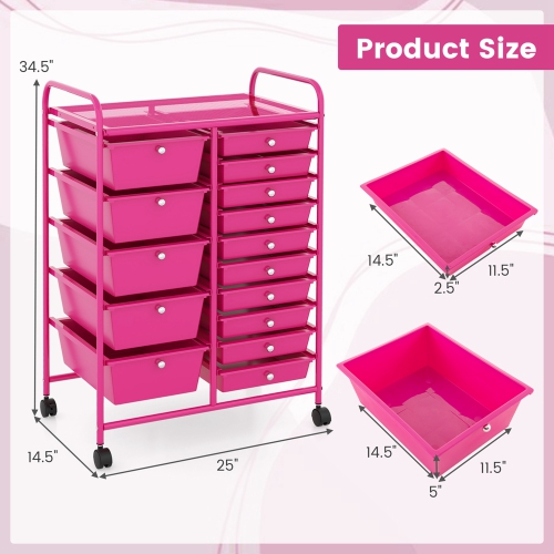 Costway 15-Drawer Rolling Storage Cart Mobile Cart with Colorful Drawers & Metal Frame Hot Pink