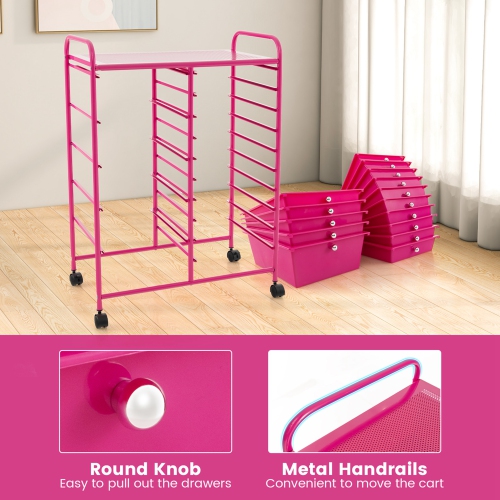Costway 15-Drawer Rolling Storage Cart Mobile Cart with Colorful Drawers & Metal Frame Hot Pink