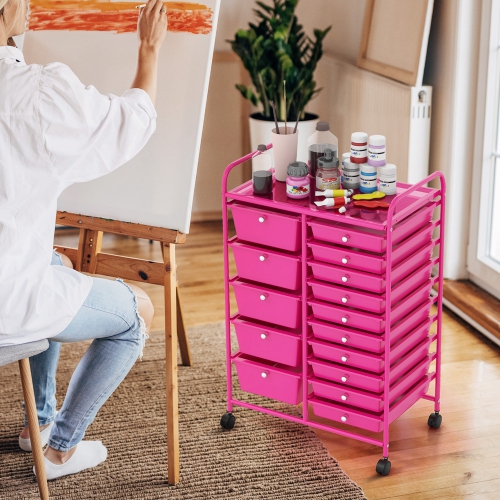 Costway 15-Drawer Rolling Storage Cart Mobile Cart with Colorful Drawers & Metal Frame Hot Pink