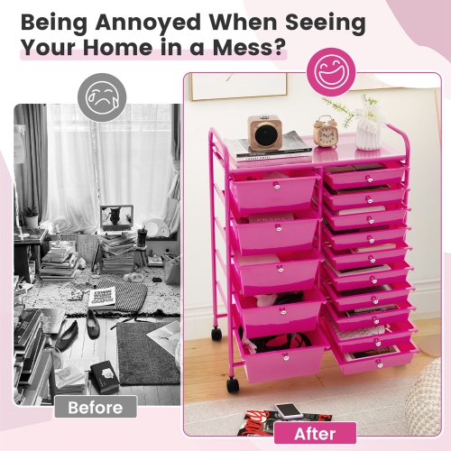 Costway 15-Drawer Rolling Storage Cart Mobile Cart with Colorful Drawers & Metal Frame Hot Pink