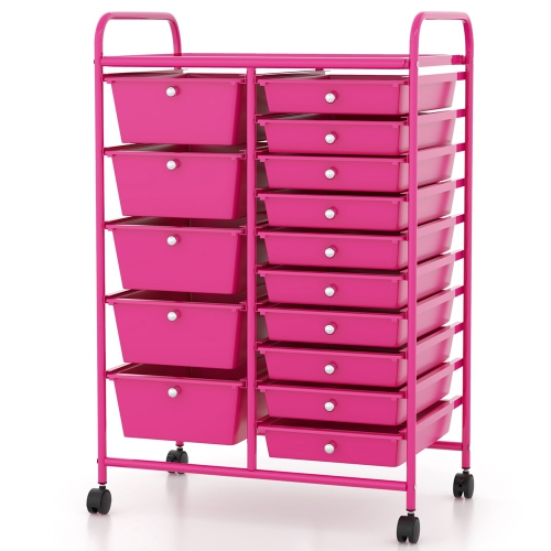 Costway 15-Drawer Rolling Storage Cart Mobile Cart with Colorful Drawers & Metal Frame Hot Pink