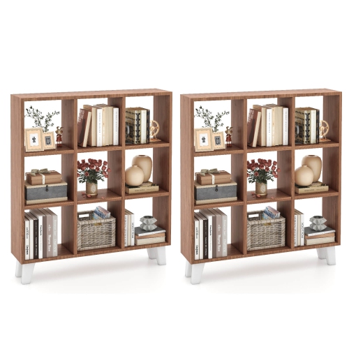 COSTWAY  2 PCs 9-Cube Bookcase With 6 Removable Shelves Raised Support Feet for Living Room Brown