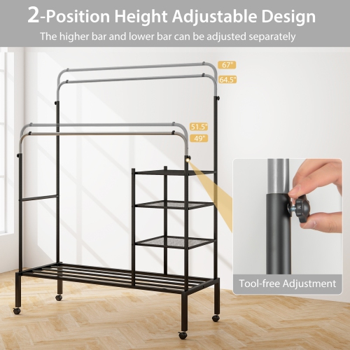 Costway Rolling Clothes Drying Rack Double Rods Garment Rack with Height Adjustables