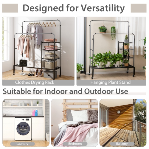 Costway Rolling Clothes Drying Rack Double Rods Garment Rack with Height Adjustables