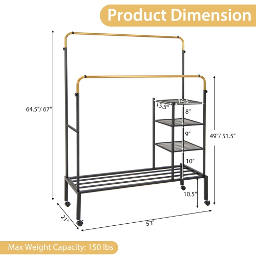 Costway Rolling Clothes Drying Rack Double Rods Garment Rack with Height Adjustables