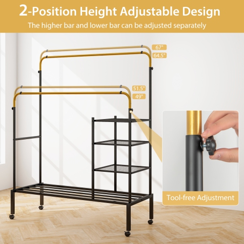 Costway Rolling Clothes Drying Rack Double Rods Garment Rack with Height Adjustables