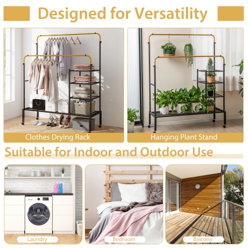 Costway Rolling Clothes Drying Rack Double Rods Garment Rack with Height Adjustables