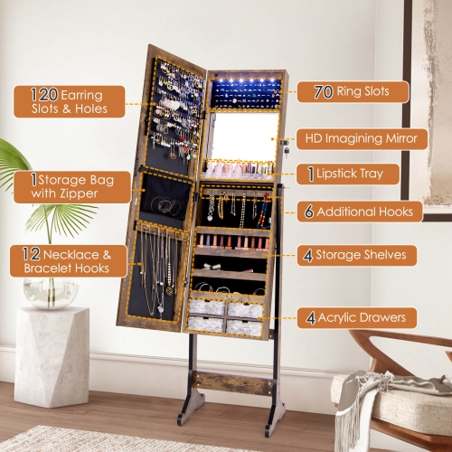 Armoire à bijoux avec armoire à bijoux de Costway pleine longueur, miroir verrouillable avec éclairage