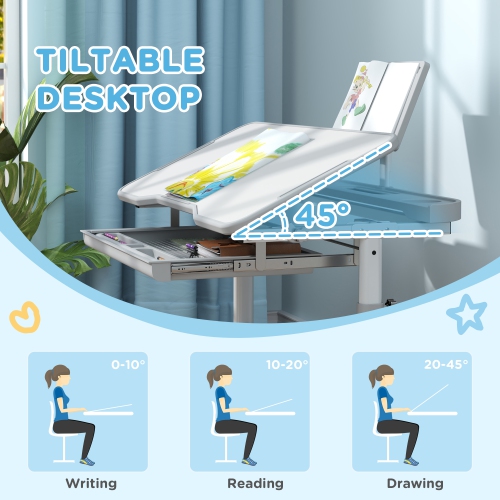 Qaba Kids Desk and Chair Set, Height Adjustable Kids Study Table and Chair Set with Tilt Desktop, Large Writing Board, Storage Drawer, Book Stand for