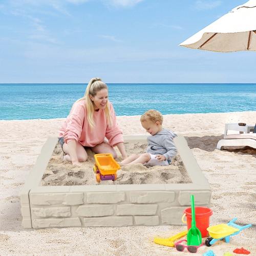 Costway Kids Sandbox with Cover Bottom Liner Backyard Beach HDPE Sandpit for Outdoor Play