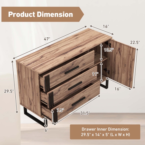 Costway – Armoire d’appoint Vintage avec 3 tiroirs, 1 porte, 1 tablettes réglables, brun rustique