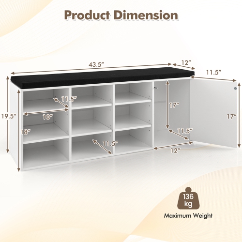 Banc pour chaussures de Costway avec coussin rembourré et support réglable à 9 cubes pour chaussures