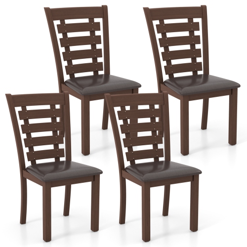Image 1 de 8.. Ensemble de 4 chaises de salle à manger en bois avec siège recouvert et dossier haut en caoutchouc brun de Costway