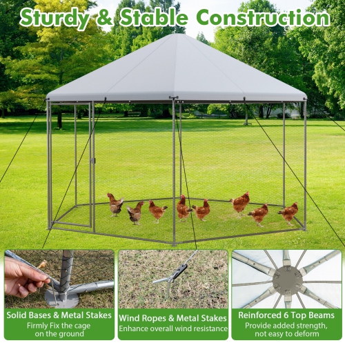 Costway Large Walk-in Chicken Coop Heavy-Duty Galvanized Poultry Cage with Waterproof Cover