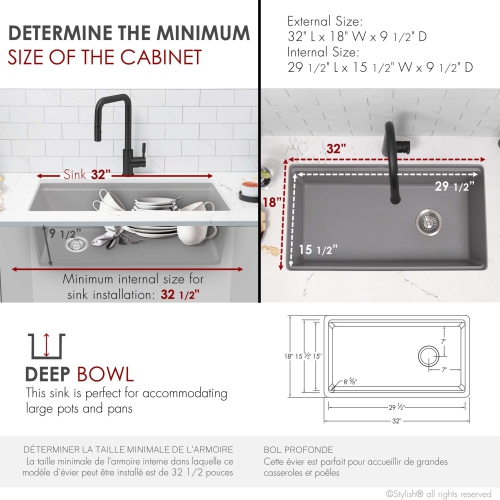 Stylish Dual mount 32 inch Grey Composite Granite Single Bowl Workstation Kitchen Sink S-832WL1