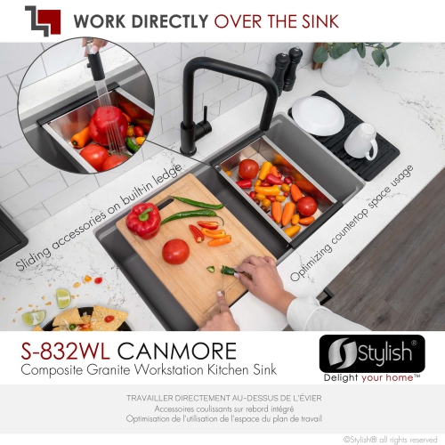 Stylish Dual mount 32 inch Grey Composite Granite Single Bowl Workstation Kitchen Sink S-832WL1