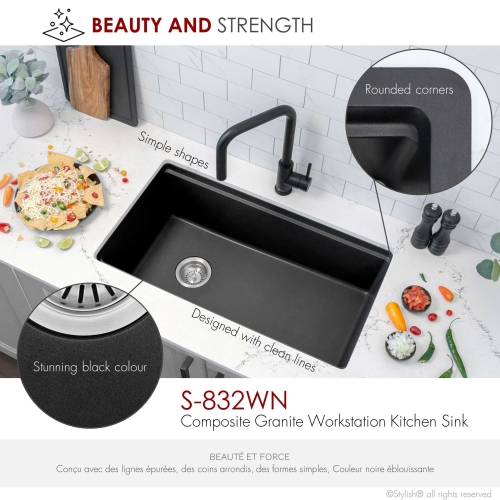 Stylish Dual mount 32 inch Black Composite Granite Single Bowl Workstation Kitchen Sink S-832WN1