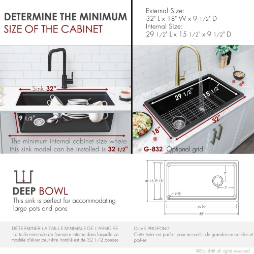 Stylish Dual mount 32 inch Black Composite Granite Single Bowl Workstation Kitchen Sink S-832WN1