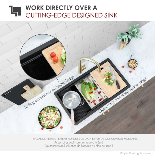 Stylish Dual mount 32 inch Black Composite Granite Single Bowl Workstation Kitchen Sink S-832WN1