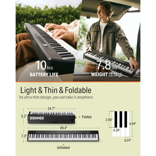Donner DP-10 88-Key Foldable Semi-Weighted Digital Piano Kit with Bluetooth for Beginner